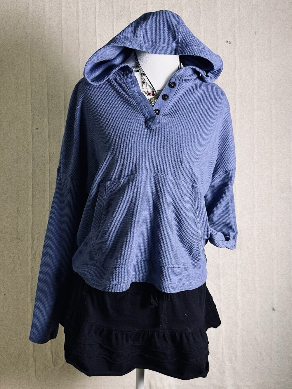 Toad & Co Women’s Thermal Waffle Henley Hoodie Organic Cotton Blend Blue Sz S/M